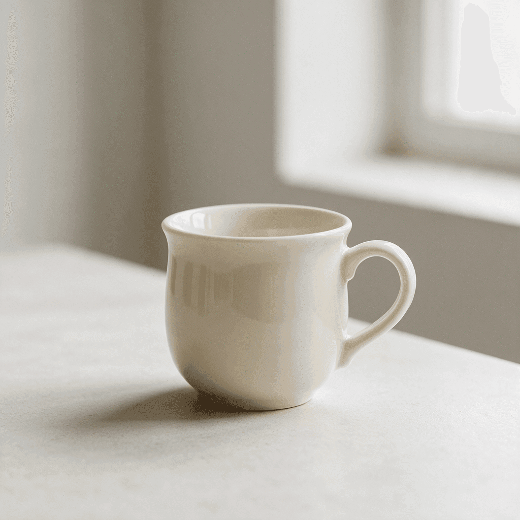 AI-generated porcelain cup with subtle texture and natural light