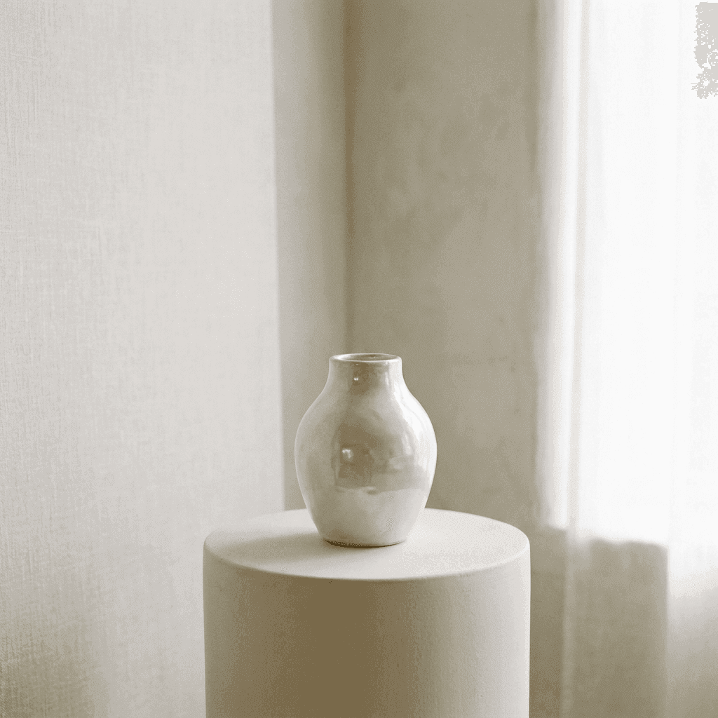 An AI-generated pearl ceramic vase in soft morning light