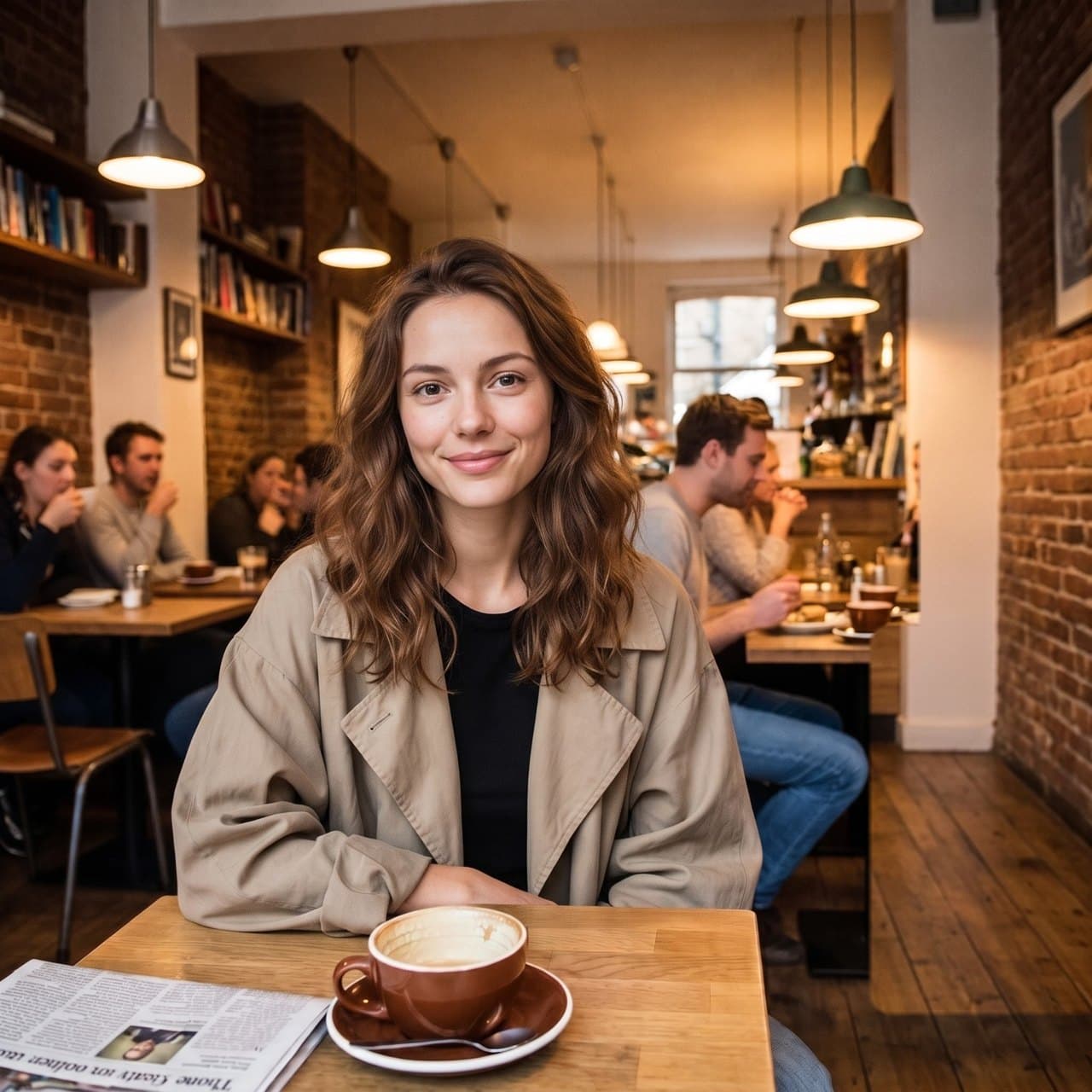 The same café portrait after AI redraw removed the man at the right edge