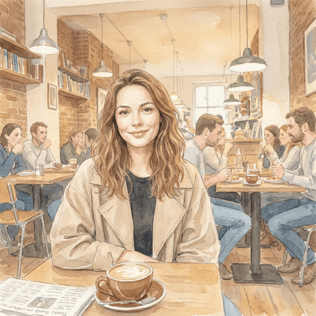 Watercolor illustration generated from the cafe reference portrait