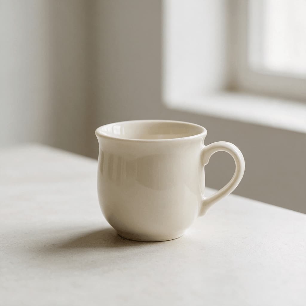 Cream ceramic mug on a light stone table by a window, before the background was made white